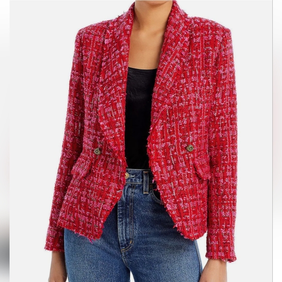 1S. NWT AQUA BLOOMINGDALES EXCLUSIVE TWEED METALLIC DOUBLE BREASTED BLAZER - Picture 1 of 8